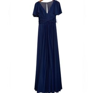 David's Bridal Gown Women 2 Marine Blue Long Mesh‎ Flowy Flutter Sleeve F19933